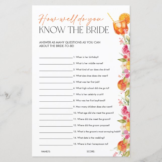 Lámina Spritz Citrus Bridal Shower Games Know the Bride (Anverso)