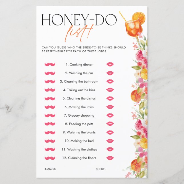 Lámina Spritz Citrus Honey Do List Bridal Shower Game (Anverso)