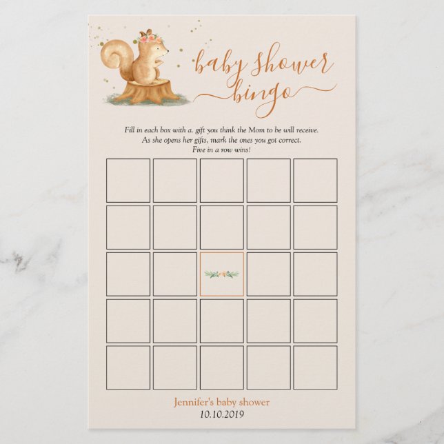 Lámina Squirrel Woodland Animals Baby Shower Bingo Game (Anverso)