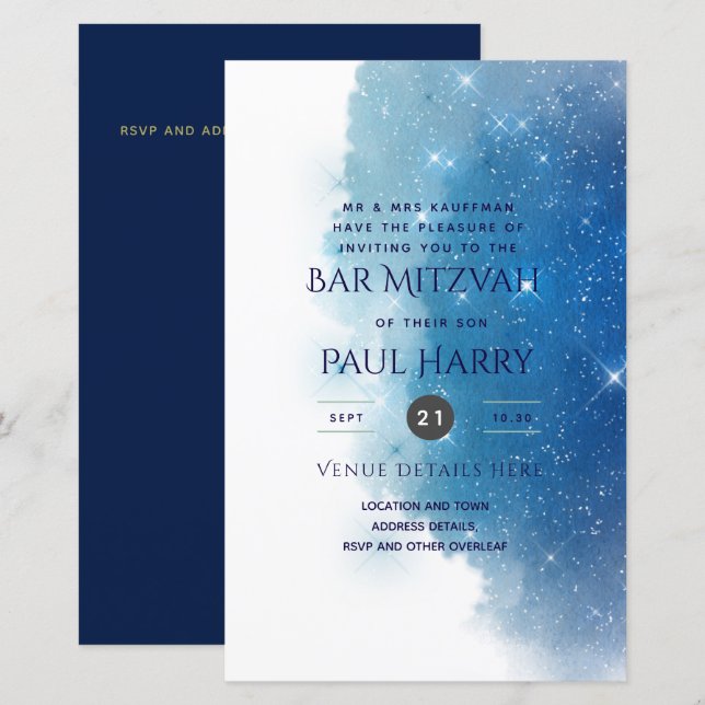 Lámina Starry Night Blue Bar Bat Mitzvah Invitaciones (Anverso / Reverso)