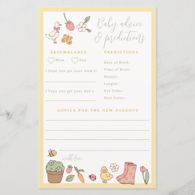 Lámina Storybook Garden Baby Advice and Predictions Game (Anverso)