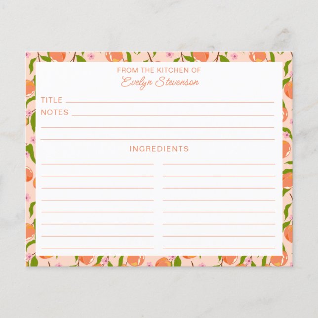 Lámina Stylish Peach Fruit Botanical Cute Recipe Card (Anverso)