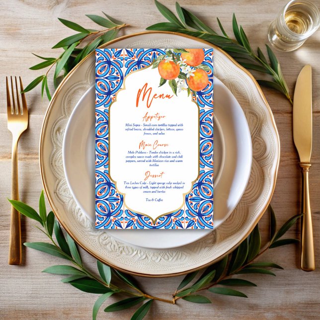 Lámina Su carta principal de naranja Squeeze azul (Her Main Squeeze orange blue talavera tiles menu cards template bridal shower personalized decor)
