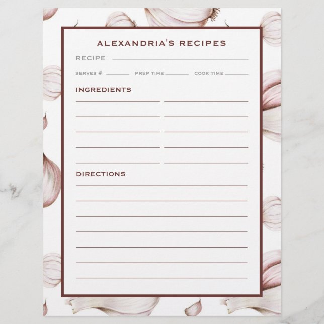 Lámina Su nombre Cargador de receta de ajo Insertar (Anverso)