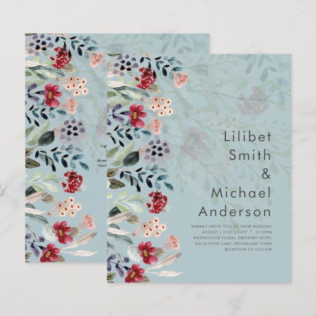 Lámina Sublime Burgundy Blue Wildflowers Boda Elegante (Anverso / Reverso)