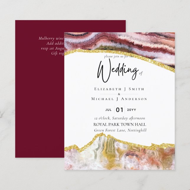 Lámina Sublime Burgundy Gold Agate Boda INVITACIONES PRES (Anverso / Reverso)