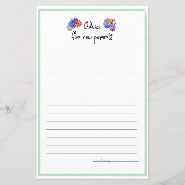 Lámina Suculento consejo para padres Baby Shower (Anverso)