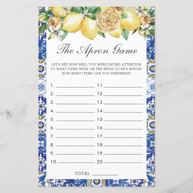 Lámina Summer Lemons Floral Bridal Shower The Apron Game (Anverso)