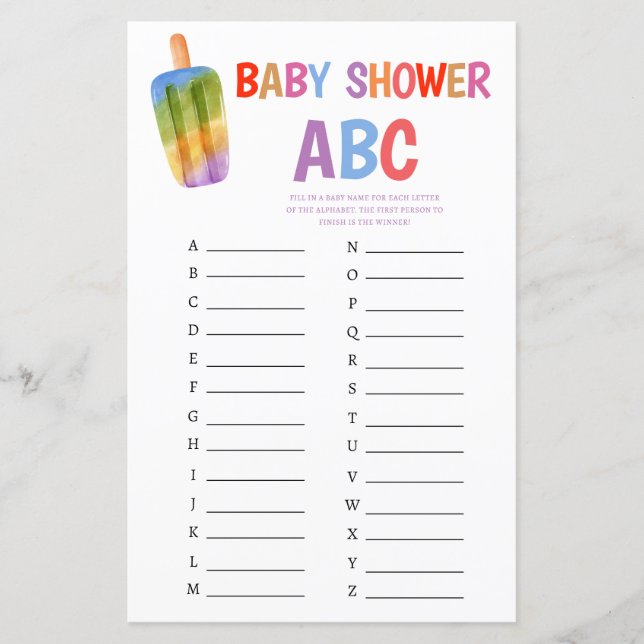 Lámina Summer Popsicle Baby Shower Game ABC (Anverso)