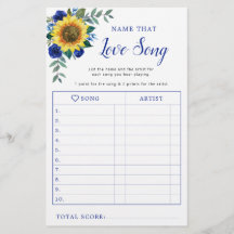 Sunflower Blue Floral Bridal Shower Love Song Game