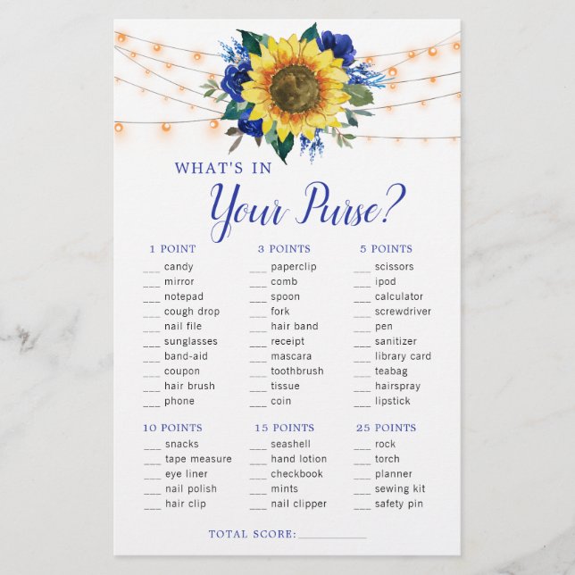 Lámina Sunflower Blue Lights Purse Bridal Shower Game (Anverso)
