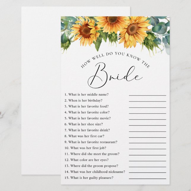 Lámina Sunflower Bridal Bridal Shower Game (Anverso / Reverso)