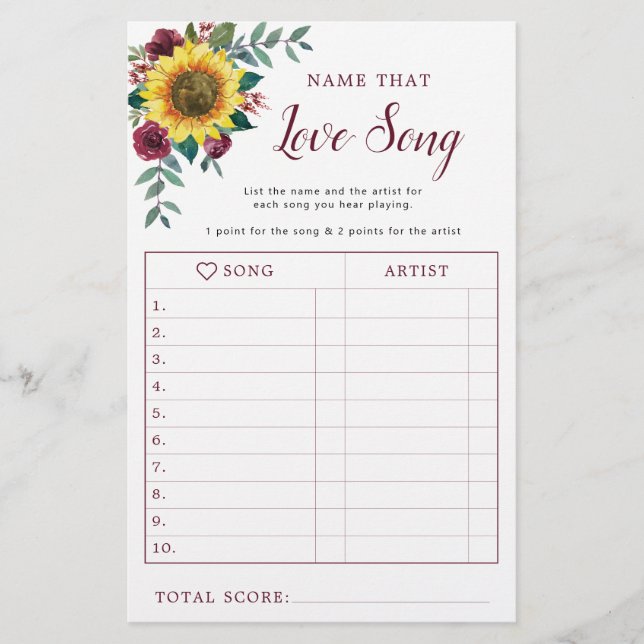 Lámina Sunflower Burgundy Bridal Shower Love Song Game (Anverso)