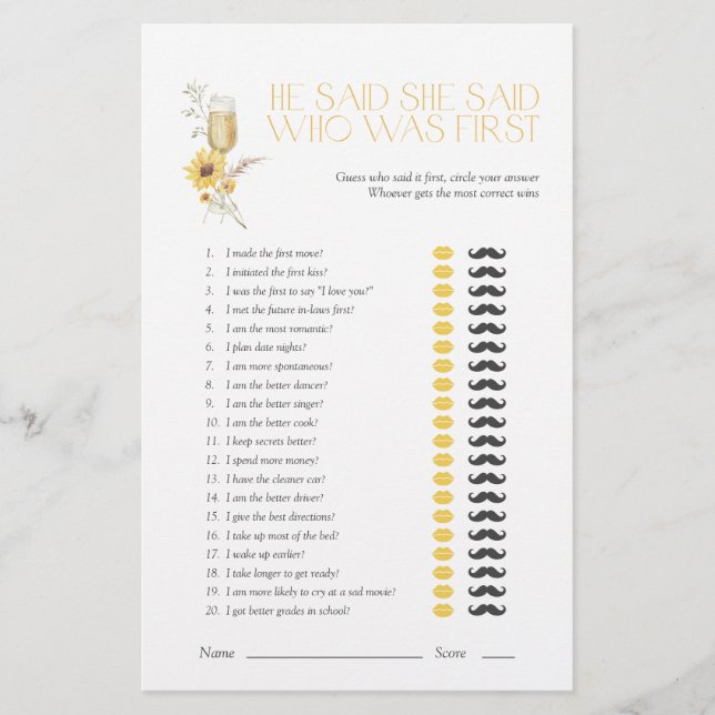 Lámina Sunflower Dijo Que Dijo Que Boho Bridal Shower Gam (Anverso)