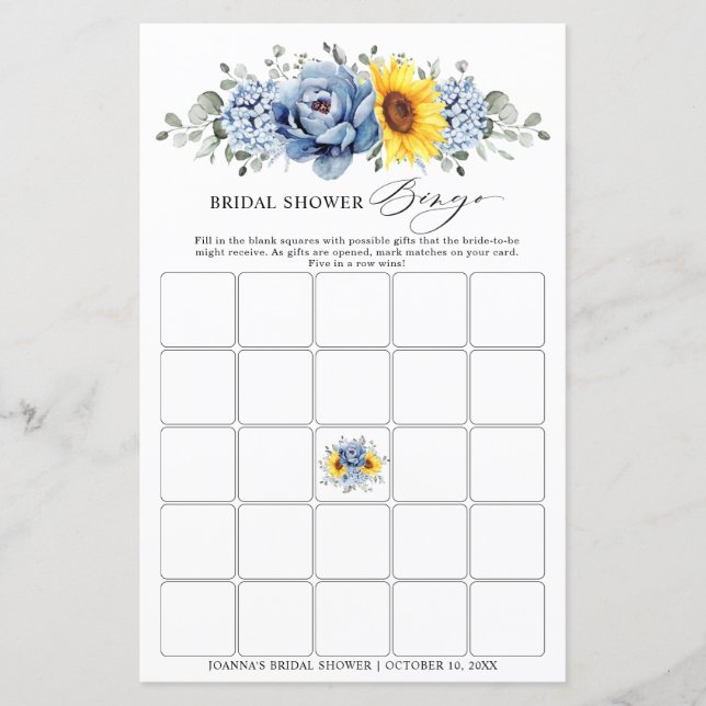 Lámina Sunflower Dusty Blue Slate Bridal Shower Bingo (Anverso)