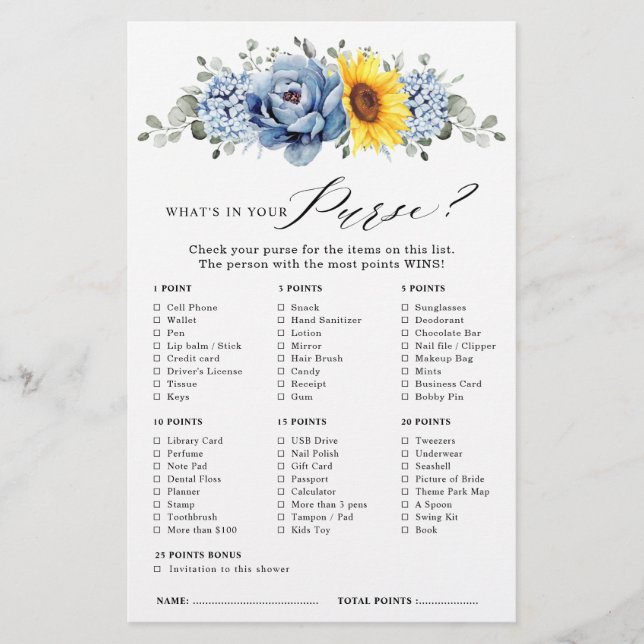 Lámina Sunflower Dusty Blue Slate Bridal Shower Game (Anverso)