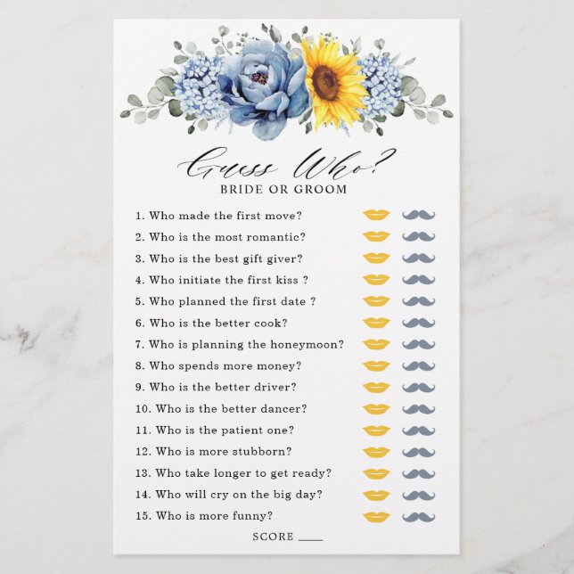 Lámina Sunflower Dusty Blue Slate Bridal Shower Game (Anverso)