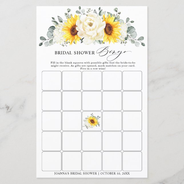 Lámina Sunflower Ivory Peony Floral Bridal Shower Bingo (Anverso)