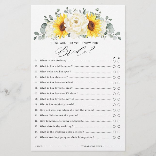 Lámina Sunflower Ivory Peony Floral Bridal Shower Game (Anverso)