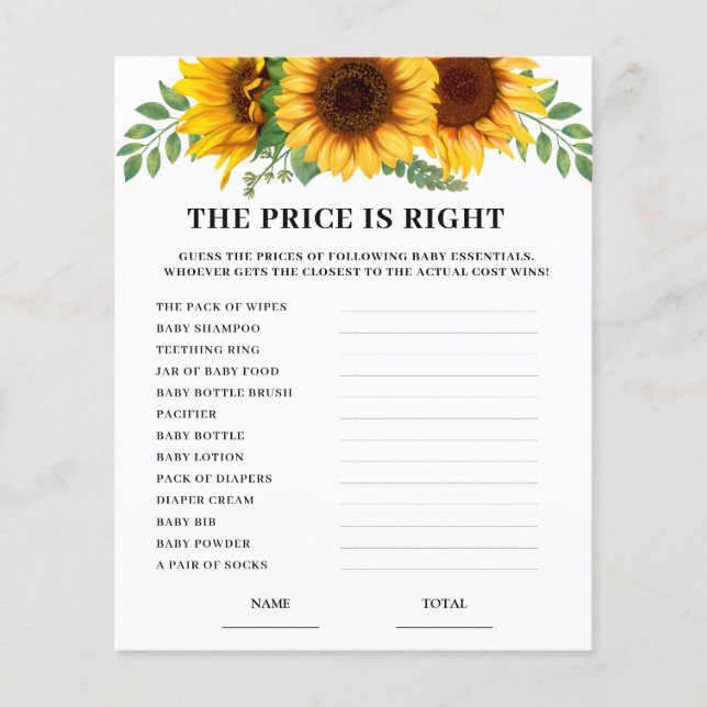 Lámina Sunflower Price is Right Baby Shower Game Card  (Anverso)