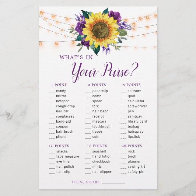 Lámina Sunflower Purple Lights Purse Bridal Shower Game (Anverso)