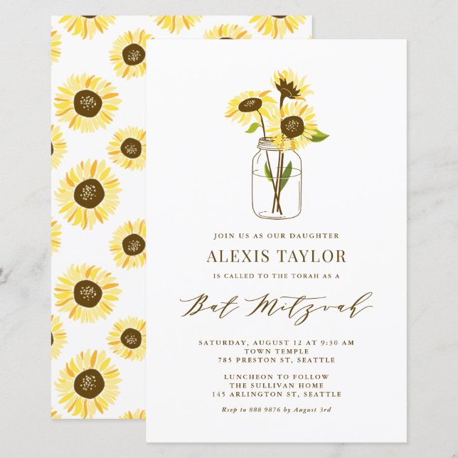 Lámina Sunflowers amarillos en Jar Bat Mitzvah Invitación (Anverso / Reverso)