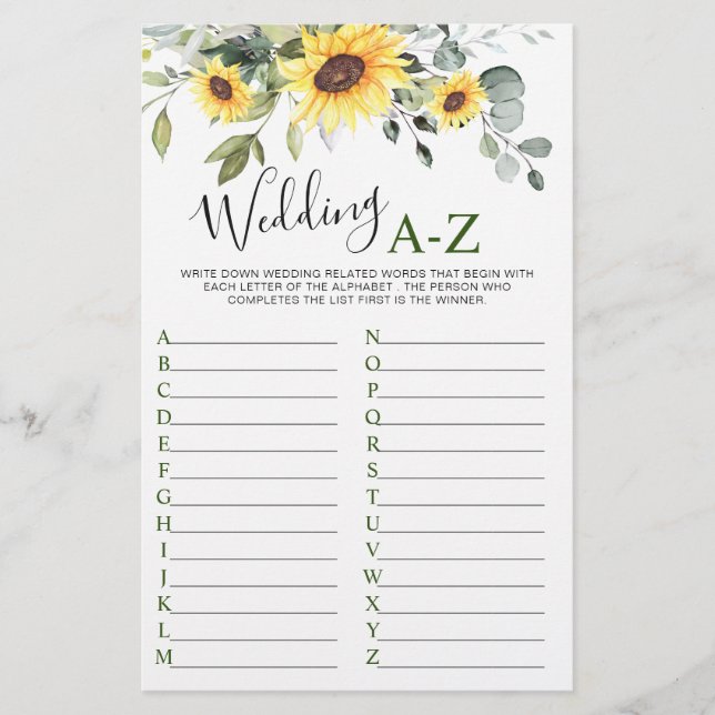 Lámina Sunflowers Eucalyptus Greenery Bridal Shower Game (Anverso)
