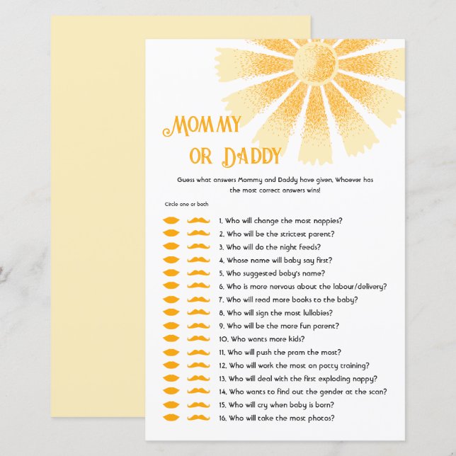Lámina Sunshine adivina quién lo dijo, mamá o papá juego (Anverso / Reverso)
