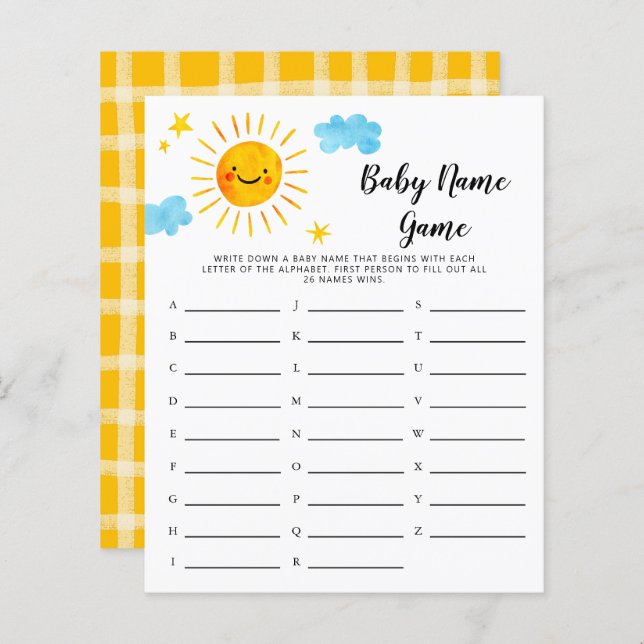 Lámina Sunshine Baby Name Shower Game (Anverso / Reverso)