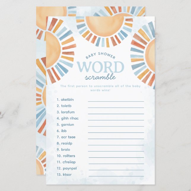 Lámina Sunshine Baby Shower Word Scramble Game (Anverso / Reverso)