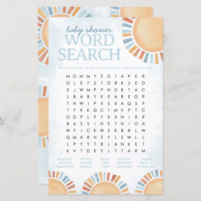 Lámina Sunshine Baby Shower Word Search Game (Anverso / Reverso)