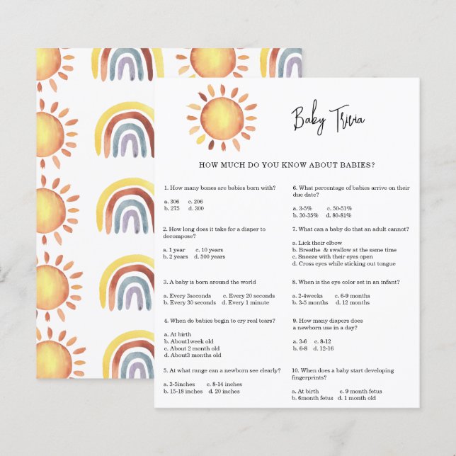Lámina Sunshine Baby Trivia | Juego Baby Shower (Anverso / Reverso)