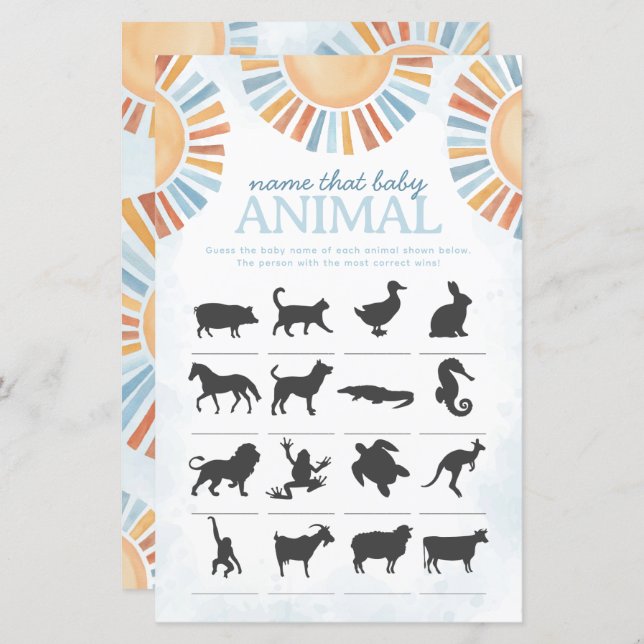 Lámina Sunshine Name that Baby Animal Shower Game (Anverso / Reverso)