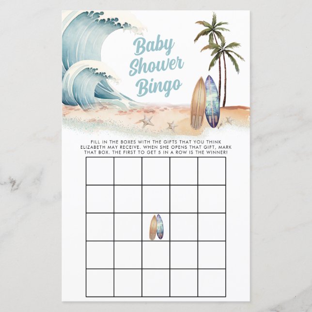 Lámina Surfing Beach Summer Baby Shower Bingo (Anverso)