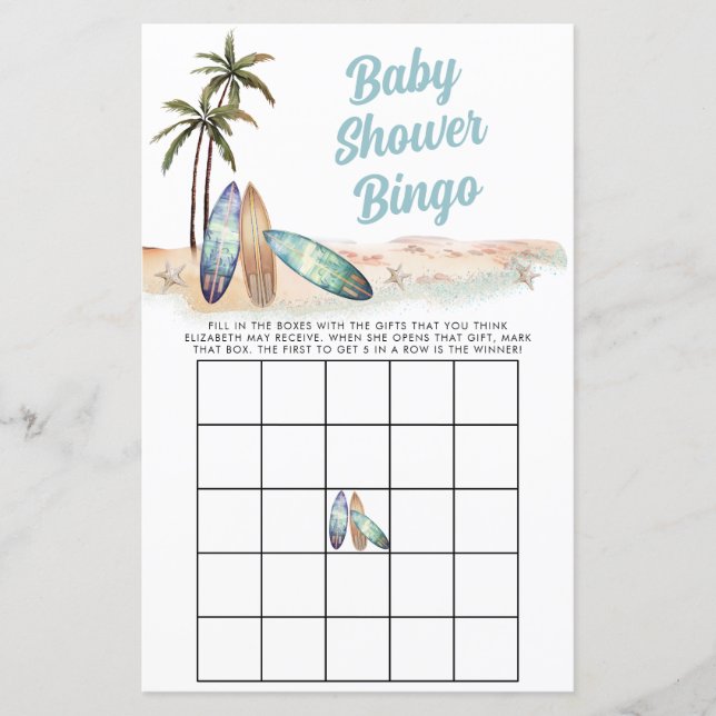 Lámina Surfing Beach Summer Baby Shower Bingo (Anverso)