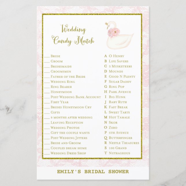 Lámina Swan Bridal Shower Game IMPRESIONADO (Anverso)