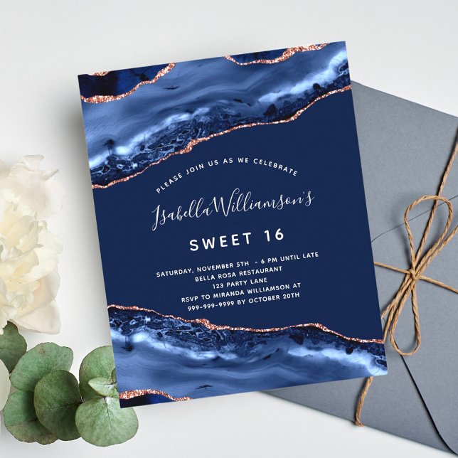 Lámina Sweet 16 agate invitación de oro rosa azul marino (Subido por el creador)