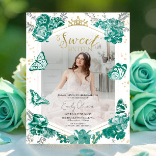 Lámina Sweet 16 Budget Photo Invitation Green Butterfly