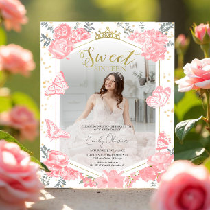 Lámina Sweet 16 Budget Photo Invitation Pink Butterfly