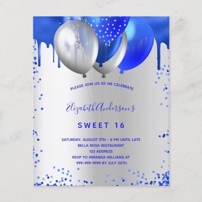 Lámina Sweet 16 invitación real de plata azul (Anverso)