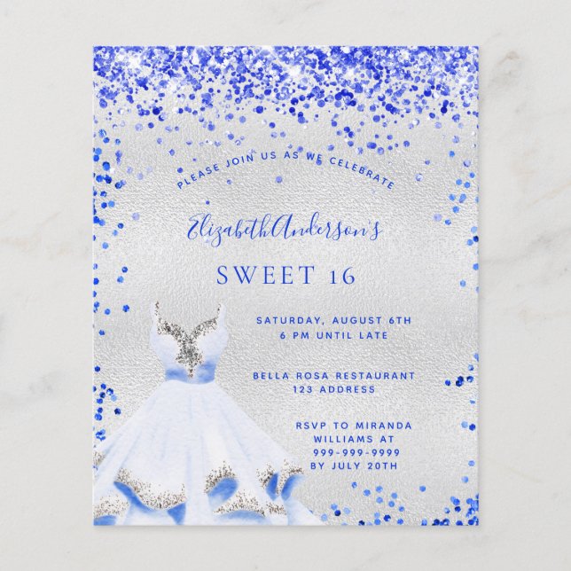 Lámina Sweet 16 invitación real de plata azul (Anverso)