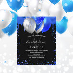 Lámina Sweet 16 negro invitación azul real<br><div class="desc">Invitación a una fiesta de cumpleaños 16 y 16 mujeres. Delante: Un fondo negro de moda. Decorada con tonterías purpurinas de color azul real, pinturas de goteo y globos. Personalice y agregue un nombre y detalles del fiesta. El nombre se escribe con un guión de estilo con letras a mano....</div>