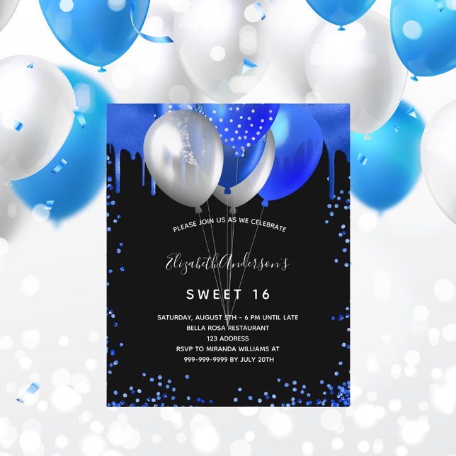 Lámina Sweet 16 negro invitación azul real (Subido por el creador)