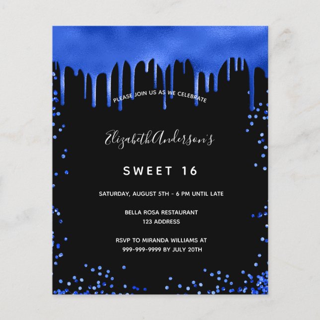 Lámina Sweet 16 negro invitación azul real (Anverso)