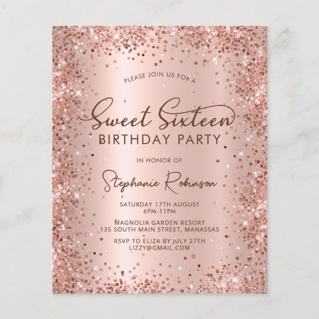 Lámina Sweet 16 Rosa Purpurina de oro Invitación de cumpl (Anverso)