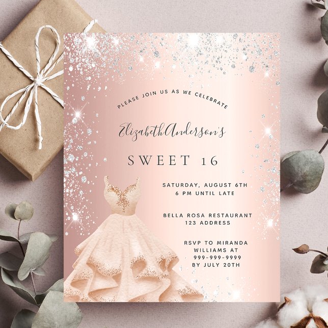 Lámina Sweet 16 rose silver glitter budget invitation (Subido por el creador)