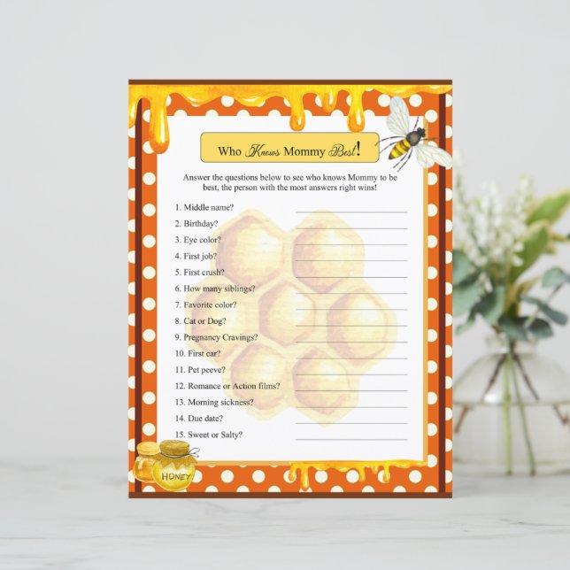 Lámina Sweet Honeybee Baby Shower quien sabe de mi juego (Anverso de pie)