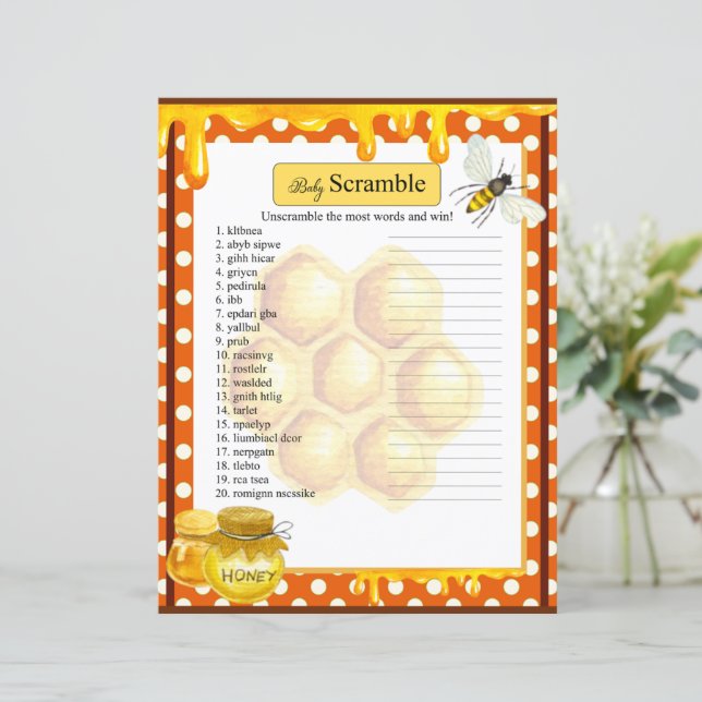 Lámina Sweet Honeybee Baby Shower Word Scramble Game (Anverso de pie)