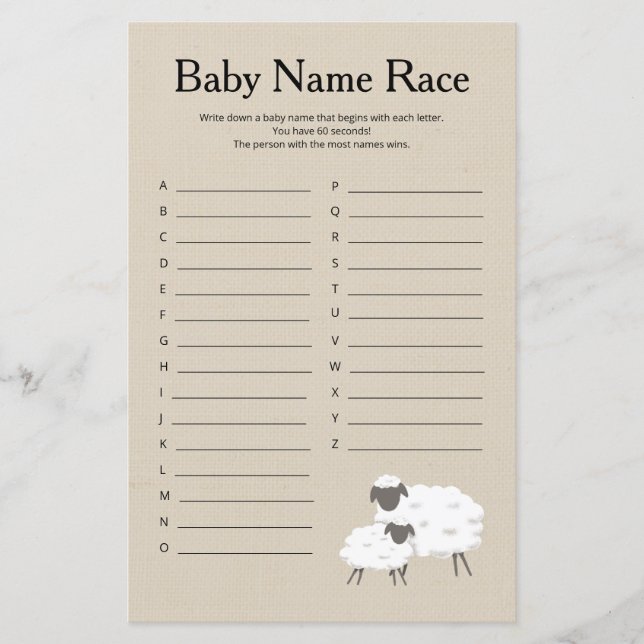 Lámina Sweet Little Lamb Baby Name Race Sbaby Shower Game (Anverso)