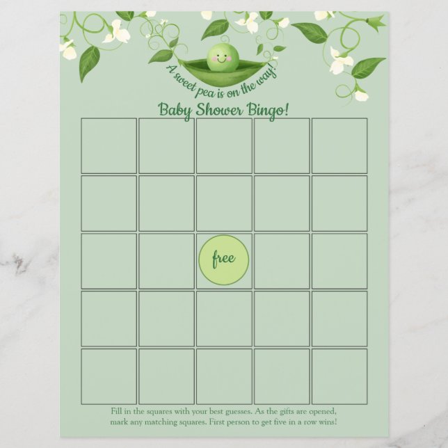 Lámina Sweet Pea in a Pod Baby Shower Bingo Game card (Anverso)